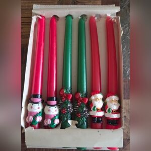 Set of 6 1986 10” Christmas Taper Candles Snowmen Santa Pine Trees Red & Green